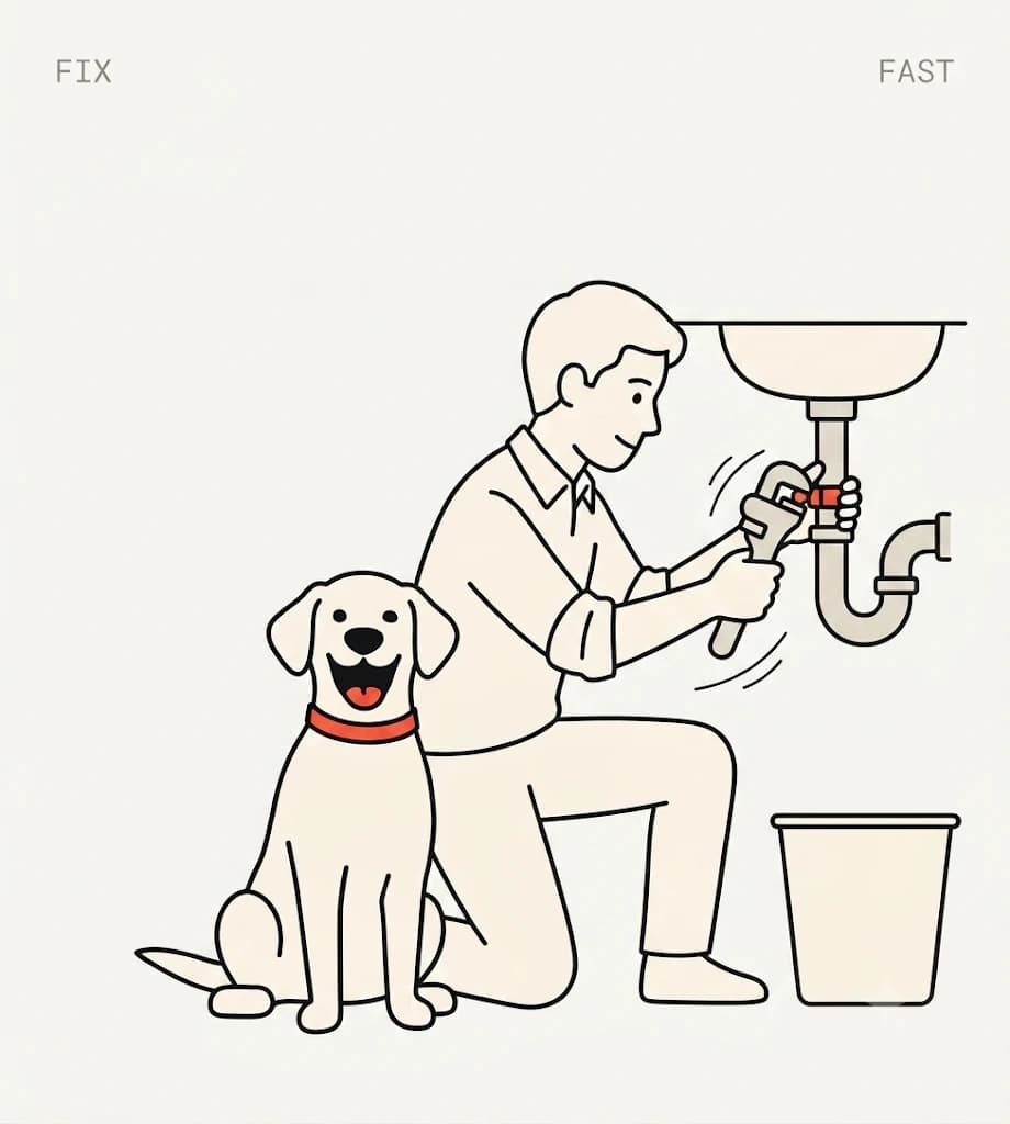 A Propr tradesperson kneeling to fix a leaking pipe under a sink, with a dog sitting beside him